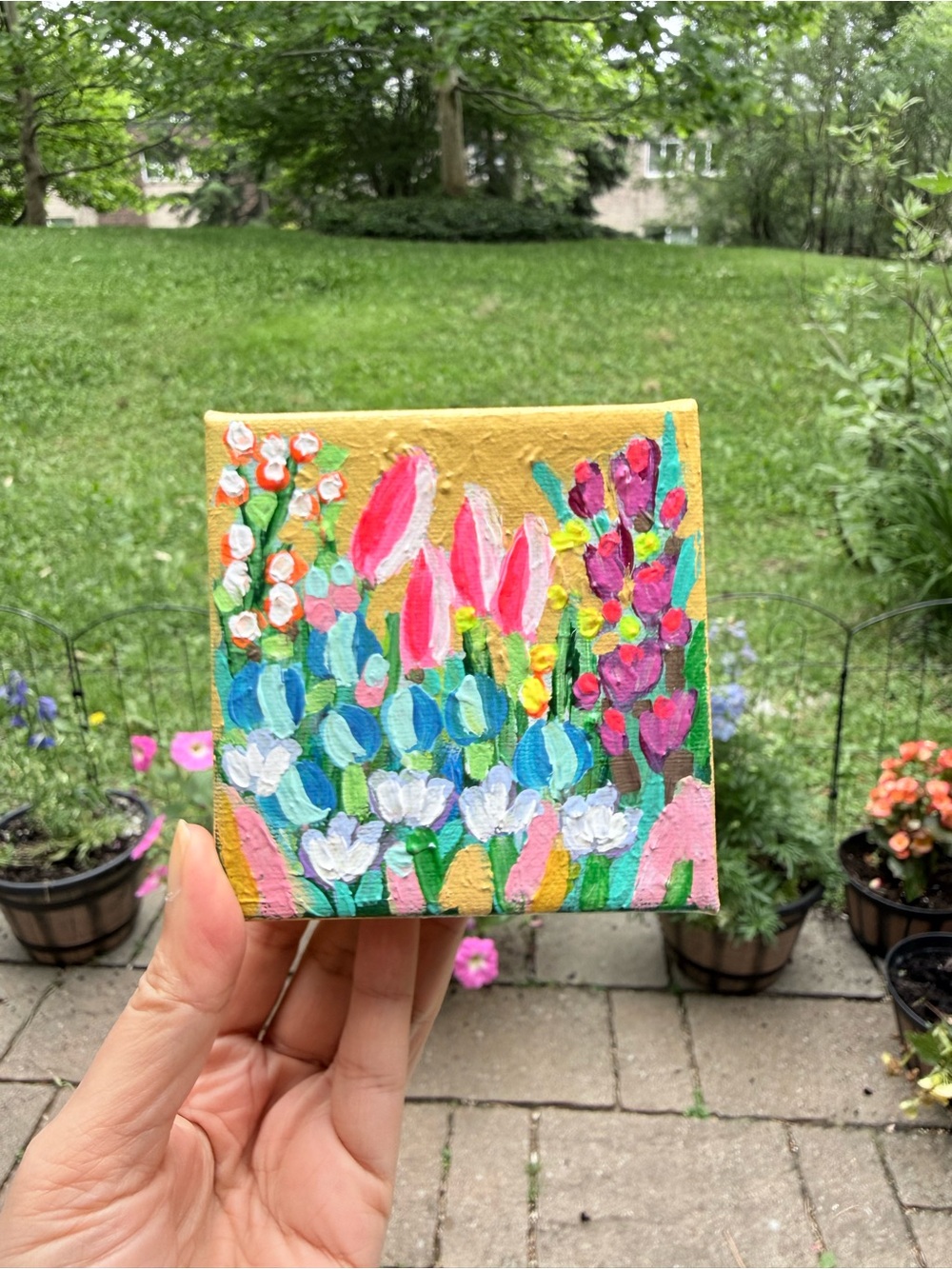 Hand-Painted Floral Mini Canvas in Pink, Green, Blue and Yellow by Sara Purves